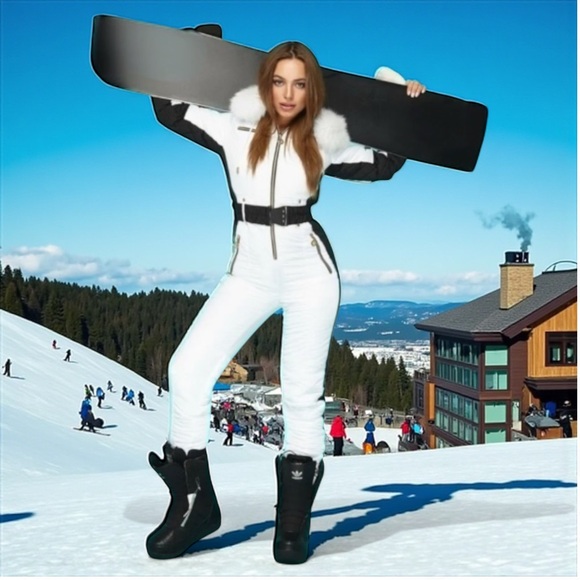 S - 2XL winter SNOWSUIT white album black stripe womens skisuit belted insulated - Picture 13 of 16